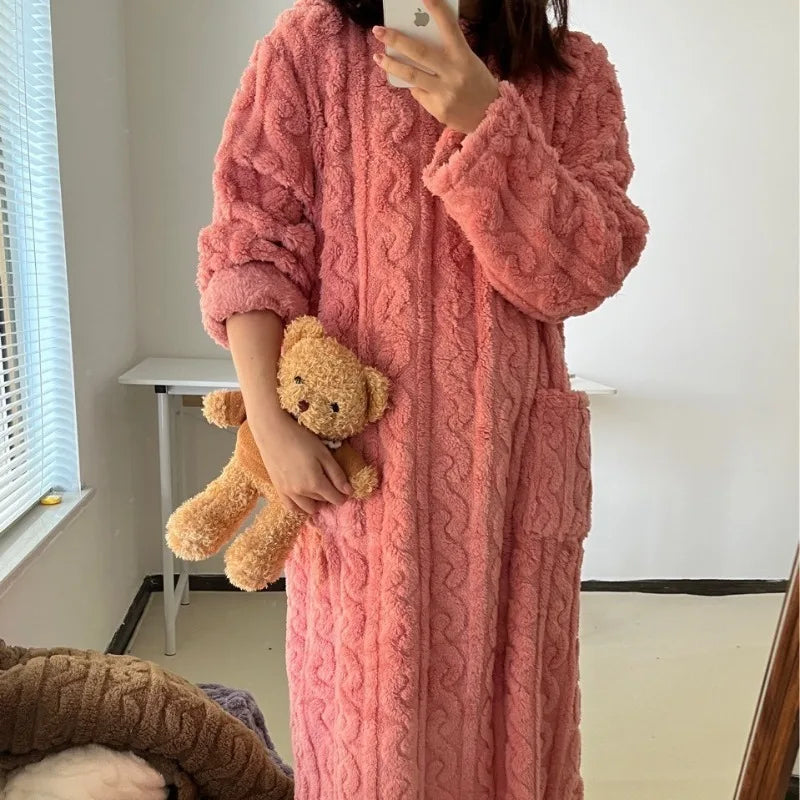 Thickened Warm plus Size Ladies Pyjamas Flannel Winter Striped Coral Velvet Long-Sleeved Nightwear Bathrobe One Piece Pajamas