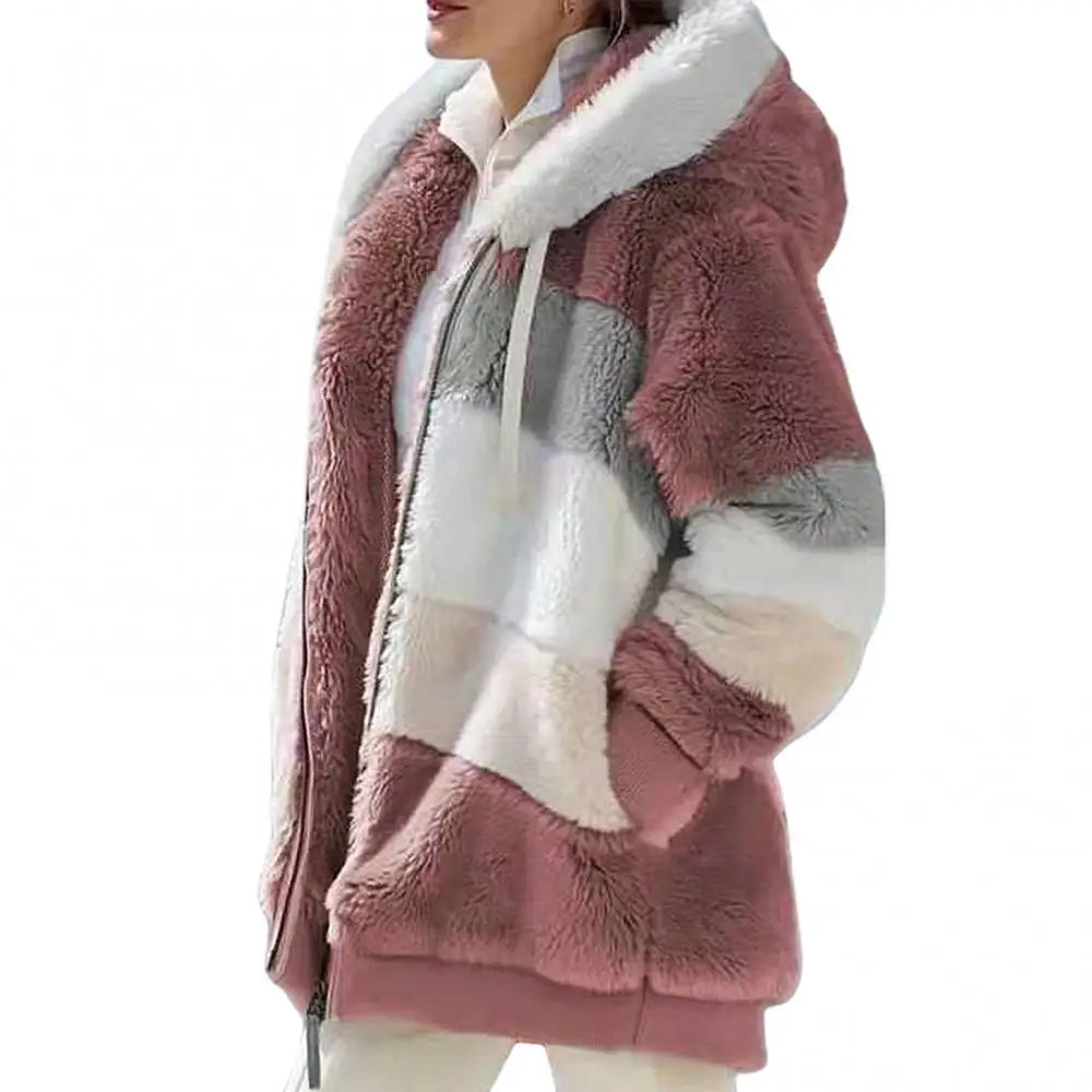 Fleece Women Parkas Autumn Winter Long Sleeve Color Block Zipper Fluff Hooded Warm Coat Jacket